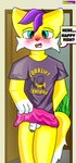 anthro balls bartis_(bartisthedoggie) bartisthedoggie big_tail blush blush_lines bottomwear canid canine canis clothed clothing clothing_lift detailed_background domestic_dog door doorway forklift_certified fur genitals green_blue_eyes hair hi_res male mammal penis plant purple_hair shaded shirt signature simple_shading skirt skirt_lift solo speech_bubble t-shirt tail text text_on_clothing topwear white_body white_fur yellow_body yellow_fur