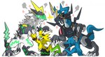 angry anthro armor blue_body cross-popping_vein feral fight fur group horn visor white_body white_fur portugueselynx bandai_namco digimon digimon_(species) pulsemon raidramon runnermon veemon