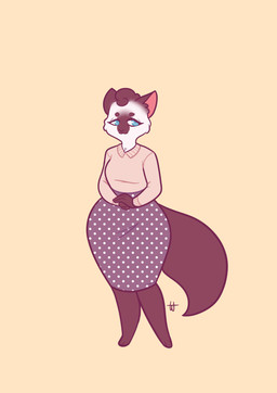 anthro blue_eyes bottomwear clothed clothing female fully_clothed looking_at_viewer polka_dot_skirt simple_background skirt solo sweater toony topwear marshmallowfury florence_(marshmallowfury) domestic_cat felid feline felis mammal siamese_cat 2015 digital_drawing_(artwork) digital_media_(artwork) hi_res