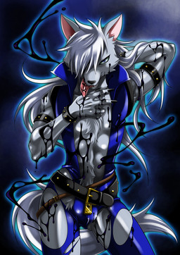 abs anthro armlet armpit_hair belt biped black_nose blue_eyes body_hair bracelet claws clothed clothing fangs front_view fur grey_body grey_fur hair ink jewelry licking long_hair looking_at_viewer male muscular muscular_anthro muscular_male pecs solo standing studded_armlet studded_bracelet studded_jewelry studs teeth tight_clothing tongue tongue_out torn_clothing tuft zipper inumania pretty_cure smile_pretty_cure wolfrun canid canine canis mammal wolf 2012 hi_res