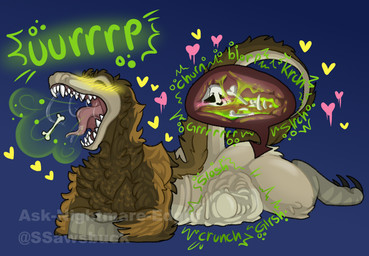 abdominal_bulge ambiguous_gender anthro blush bone bones_in_stomach brown_body brown_feathers burping crunch death digestion digestion_noises duo fatal_vore feathers heart_symbol lying male on_front rumbling_stomach sharp_teeth teeth vore ask-nightmare-edgur rain_world videocult catty_(aircooledrats) lyfield_(fierian) dinosaur dromaeosaurid prehistoric_species reptile saurischian scalie slugcat theropod utahraptor