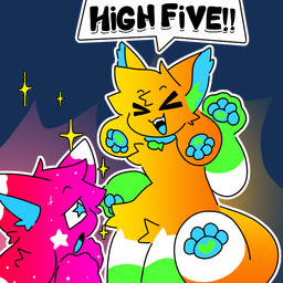 ambiguous_gender anthro collar dialogue duo fish_collar_tag fur gradient_body gradient_fur orange_body orange_fur pawpads paws pink_body pink_fur sparkles star_eyes tetra_(artist) hybrid 1:1 2023 alpha_channel