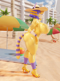 anthro anthrofied ball beach beach_ball beach_towel beach_umbrella big_breasts big_butt bikini breasts butt clothing day female footwear hat headgear headwear high_heels inflatable jewelry mature_female one-piece_swimsuit outside parasol shoes side_view sling_bikini solo sun_hat swimwear thick_thighs towel two-piece_swimsuit mereo dogzeela_(modeler) animal_crossing nintendo ankha_(animal_crossing) domestic_cat felid feline felis mammal 3:4 3d_(artwork) digital_media_(artwork) hi_res