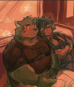 anthro blush duo embarrassed female fur green_body green_fur leaning nervous slightly_chubby sunset tired fuyoudo624 lifewonders live_a_hero female_operator mokdai protagonist_(live_a_hero) canid canine canis domestic_dog human mammal hi_res