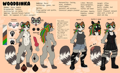 alternative_fashion animal_genitalia animal_mask animal_penis animal_vulva anthro anus balls belly_nipples bottomwear breasts butt canine_genitalia canine_penis canine_vulva clothing collar dreadlocks ear_piercing facial_piercing female feminism_symbol fishnet_clothing fishnet_legwear footwear forked_tongue fur genitals goth green_eyes gynomorph hair high_boots industrial_piercing intersex knot knotted_penis latex latex_clothing legwear looking_at_viewer mask multi_nipple nipples nose_piercing nose_ring nude open_mouth penis piercing pup_mask ring_piercing septum_piercing septum_ring shirt shoes shorts simple_background skirt slightly_chubby slightly_chubby_female smile solo standing tail tail_mouth tank_top tattoo teeth text thigh_highs tight_clothing tongue topwear unusual_anatomy unusual_tail vulva womb_tattoo bublijoestar fan_character woodbinka_(woodbinka) canid canine hybrid mammal procyonid raccoon raccoon_dog tanuki absurd_res digital_media_(artwork) english_text hi_res model_sheet trans_(lore) trans_woman_(lore)