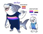 2021 anthro biped bisexual_pride_colors cass_fletcher clothed clothing duo english_text feet female fish fluffy fluffy_hair fur fuzzbutts_(lopoddity) gills great_white_shark grey_body grey_skin hair handpaw harp_seal hi_res humanoid_hands katie_anchor lamnid lamniform lgbt_pride lopoddity mammal marine model_sheet nonbinary_(lore) nonbinary_pride_colors open_mouth open_smile orange_lesbian_pride_colors paws pinniped pride_colors seal shark sharp_teeth simple_background smile teeth text tongue tongue_out white_background white_body white_fur
