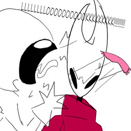 ambiguous_gender annoyed anthro biped blindfold bodily_fluids covered_eyes dialogue duo eyemask eyes_closed eyewear front_view mask mouthless open_mouth simple_background sleep_mask sweat sweatdrop talking_to_another text tongue tongue_out white_background yelling professornoodless hollow_knight:_silksong hollow_knight_(franchise) team_cherry hornet_(hollow_knight) lace_(hollow_knight:_silksong) arthropod 1:1 2025 colored_sketch digital_drawing_(artwork) digital_media_(artwork) english_text hi_res sketch female_(lore)