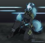 ammo_belt anthro battle_ready clothing female fluffy fluffy_tail glare glowing looking_at_viewer military_uniform pose solo tactical tail text uniform purplelemons luna_(hunterx90) canid canine canis mammal wolf digital_media_(artwork) hi_res shaded url