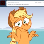 ask_jappleack blonde_hair clothing female fingers gesture green_eyes hair hat hat_only headgear headgear_only headwear headwear_only looking_at_viewer mostly_nude shrug solo text hotdiggedydemon friendship_is_magic hasbro my_little_pony tumblr applejack_(mlp) earth_pony equid equine horse mammal pony 1:1 english_text half-length_portrait portrait