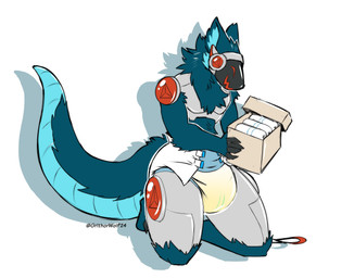 5_fingers ambiguous_gender anthro black_claws blue_body blue_fur blue_inner_ear_fluff blue_tail bodily_fluids box claws clothed clothing container diaper diaper_only finger_claws fingers folded_diaper fur genital_fluids gift happy holding_box holding_container holding_object inner_ear_fluff kneeling machine metal open_mouth open_smile protogen_visor red_ribbon simple_background smile solo tail three-quarter_view toe_claws topless tuft twitter_handle unclean_diaper urine used_diaper wearing_diaper wet_diaper wetness_indicator white_background wolfen2 heinrich_(owlloverhoot) protogen 2024 full-length_portrait hi_res portrait