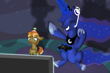 arm_in_front bent_arm blue_hair bodily_fluids brown_body brown_fur brown_hair clothing controller crown crying duo electronics extended_arm eyes_closed female feral fur game_controller gaming glistening glistening_eyes glowing hair hand_on_arm hand_on_own_arm hat headgear headphones headset headwear holding_arm horn horn_magic levitating_object long_hair magic male multiplayer multitasking on_haunches open_mouth playing_video_game propeller_hat raised_hand royalty shadow sitting smile tears teeth television tongue tucked_arm xbox_360_controller xbox_controller young xonxt friendship_is_magic hasbro microsoft my_little_pony mythology xbox xbox_360 xbox_game_studios button_mash_(mlp) princess_luna_(mlp) earth_pony equid equine horse mammal mythological_creature mythological_equine pony unicorn 3:2 crossover hi_res