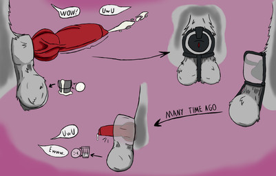 animal_genitalia anthro big_penis black_chastity_cage bodily_fluids canine_genitalia chastity_cage chastity_device cum ejaculation fur genital_fluids genitals genitals_shrinking grey_body grey_fur impotent male over_sheath_chastity_cage penis penis_shrinking sheath_chastity_cage size_transformation small_penis solo speech_bubble transformation anonymous_artist canid canine canis mammal wolf hi_res