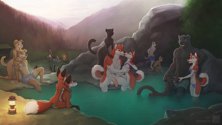 anthro balls being_watched black_body black_fur bottomwear bottomwear_down breasts clothed clothing crowd detailed_background female fully_clothed fur genitals group half-erect hot_spring hug humanoid_genitalia humanoid_penis kissing lamp lantern larger_male looking_at_another male male/female nipples nude oral outside partially_clothed penis public shorts shorts_down sitting size_difference skinny_dipping slim smaller_female tent topless undressing water young young_anthro young_female zaush gauge_(character) kesslan_(fursona) alaskan_malamute canid canine canis domestic_dog felid fox leopard mammal nordic_sled_dog pantherine spitz 2017 digital_media_(artwork) brother_(lore) brother_and_sister_(lore) incest_(lore) sibling_(lore) sister_(lore) twins_(lore)