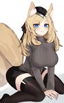 blonde_hair blue_eyes blush breasts clothed clothing female fur hair headgear inner_ear_fluff kneeling legwear looking_at_viewer ribbed_clothing ribbed_sweater simple_background solo thigh_highs tuft white_background white_body white_fur kitorakito arknights hypergryph studio_montagne whislash_(arknights) animal_humanoid equid equid_humanoid equine equine_humanoid horse_humanoid humanoid mammal mammal_humanoid 2021 hi_res