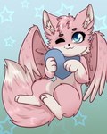 ambiguous_gender anthro fluffy fluffy_tail heart_symbol pink_body pink_wings solo tail wings duskooky lostfox canid canine fox hybrid mammal 4:5 absurd_res hi_res