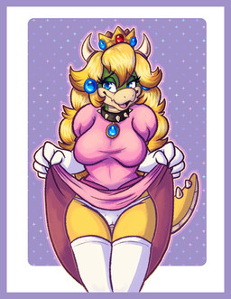 anthro armwear blonde_hair blue_border blue_jewelry border breasts clothed clothing clothing_lift collar crown dress dress_lift elbow_gloves female fingers gloves hair handwear headgear jewelry non-mammal_breasts panties pink_clothing pink_dress scales solo spiked_collar spiked_tail spikes spikes_(anatomy) tail underwear white_clothing white_panties white_underwear yellow_body yellow_scales henryjanedoe mario_bros nintendo princess_koopa koopa scalie 2026 digital_media_(artwork) hi_res
