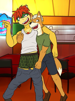 anthro assisted_exposure body_hair bottomwear bottomwear_down boxer_briefs bulge chest_hair clothed clothing drunk duo male pants pants_down partially_clothed shirt shorts substance_intoxication t-shirt tank_top topwear underwear fuze mario_bros nintendo star_fox bowser fox_mccloud canid canine fox koopa mammal scalie 3:4 hi_res