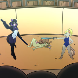 anthro arena blonde_hair blush bodysuit breasts clothed clothed/nude clothing defeated erection female fighting_pose genitals group hair leotard lying_on_ground machine male melee_weapon nude on_ground penis pose public public_nudity purple_eyes skinsuit staff sword tight_clothing undressed weapon unlimited-tea odina pawkaf android felid feline lagomorph leporid mammal mouse murid murine rabbit robot rodent 1:1 absurd_res hi_res