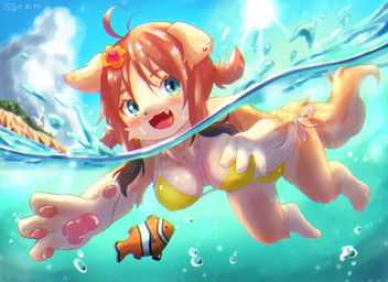 4_fingers accessory ahoge anthro bikini blue_eyes breasts brown_hair cheek_tuft chest_tuft clothed clothed_anthro clothed_female clothing colored_edge_bikini day ear_piercing ear_ring eyebrows eyelashes facial_tuft fangs female female_anthro fingers flower flower_in_hair fluffy fluffy_tail fur hair hair_accessory kemono looking_at_viewer medium_breasts nipple_outline open_mouth outside partially_submerged pawpads piercing pigtails plant ring_piercing sea side-tie_bikini side-tie_clothing side-tie_swimwear sidelocks solo string_bikini sun swimming swimwear tail tan_body tan_fur teeth tuft two-piece_swimsuit underwater water waterline_view yellow_bikini yellow_clothing yellow_swimwear piporinton aquatic canid canine canis clownfish domestic_dog fish mammal pomacentrid 2021 chromatic_aberration dated
