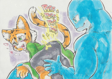anthro blush butt_slap duo dwarfism female fur green_eyes grin larger_male love male muscular muscular_female satisfied size_difference slap smaller_female smile spanking daigaijin tales_of_the_ashes_(series) grimmoro_(character) lao_tian_(character) aquatic cetacean felid mammal pantherine physeteroid sperm_whale tiger toothed_whale whale 2016 absurd_res hi_res