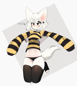 anthro bent_legs black_clothing black_eyes black_footwear black_legwear black_panties black_socks black_thigh_highs black_thigh_socks black_underwear blush body_blush breasts clothed clothing cropped_sweater disembodied_hand duo ear_piercing eyelashes female footwear front_view fur hair held_up holding_up knock-kneed legs_together legwear lifted midriff navel panties pattern_clothing pattern_sweater pattern_topwear piercing simple_background socks solo_focus spread_arms striped_clothing striped_sweater striped_topwear stripes sweater thigh_highs thigh_socks topwear underarm_lift underwear white_body white_fur white_hair fredek666 billy_(fredek666) domestic_cat felid feline felis mammal digital_media_(artwork) full-length_portrait hi_res portrait shaded