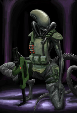breasts clothing feet female gun knife lips military non-mammal_breasts ranged_weapon rifle role_reversal smile soldier solo uniform warrior weapon unknown_artist alien_(franchise) alien monster xenomorph source_request