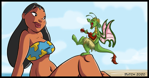 3_toes ambiguous_gender antennae_(anatomy) beach black_border black_hair border breasts clothing cute_fangs duo eyes_closed fangs feet female female_human feral grass_skirt green_body green_scales hair holding_musical_instrument holding_object horn larger_female larger_human long_hair looking_at_another lute medium_breasts membrane_(anatomy) membranous_wings musical_instrument navel open_mouth outside playing_music plucked_string_instrument reclining scales seaside semi-anthro size_difference smaller_ambiguous smaller_feral string_instrument tail teeth toes ukulele wings yellow_horn dutch_(artist) disney lilo_and_stitch mythology nani_pelekai dragon human mammal mythological_creature mythological_scalie scalie 2020