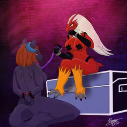 anthro cuff_(restraint) dominant dominant_female dominatrix duo female female/female handcuffs horn kneeling leash leash_pull metal_cuffs pasties restraints submissive submissive_female rhode_arts nintendo pokemon blaziken felid generation_3_pokemon mammal pokemon_(species) 1:1