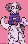 anthro boldtober boldtober_2021 bottomless clothed clothing covering covering_crotch eyelashes female hi_res hoodie horn kobold lya_(jarnqk) pink_sclera purplealacran red_eyes scalie signature simple_background solo tentacle_under_clothing tentacles topwear white_body