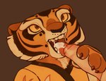 anthro bodily_fluids brown_background cheek_tuft claws clothing cum cum_drip cum_dripping_from_mouth cum_in_mouth cum_inside cum_on_tongue disembodied_penis dripping duo ejaculation faceless_character faceless_male facial_tuft fellatio female foreskin fur genital_fluids genitals hand_on_penis happy happy_sex holding_penis looking_at_another looking_at_partner male male/female markings mouth_shot open_mouth oral orange_eyes paws penile penis penis_in_mouth sex simple_background smile smiling_at_another smiling_at_partner solo_focus striped_body striped_fur striped_markings stripes tongue tuft yellow_sclera lanolin04 dreamworks kung_fu_panda master_tigress felid mammal pantherine hi_res