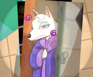 4_fingers anthro bent_arm black_nose blue_eyes blue_pupils clothed clothed_anthro clothed_female clothing door eyelashes female female_anthro fingers fur hair half-closed_eyes light looking_at_viewer narrowed_eyes photo pink_inner_ear pointy_ears pupils purple_clothing purple_robe robe short_hair solo teal_eyelids thin_eyebrows tile tile_wall tired wall_(structure) white_body white_fur white_hair cookieboy011 animal_crossing nintendo whitney_(animal_crossing) canid canine canis mammal wolf 2021 colored digital_drawing_(artwork) digital_media_(artwork) english_description half-length_portrait lighting portrait shaded story story_in_description