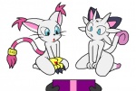 alternate_color anthro bandai_namco crossover cyanzangoose digimon digimon_(species) duo ear_tuft fan_character felid fur gasp gatomon generation_1_pokemon gift looking_down male mammal meo_the_meowth meowth nintendo pokemon pokemon_(species) simple_background surprise tom_the_gatomon tuft white_background white_body white_fur