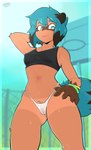 anthro blue_hair bodily_fluids breasts clothed clothing female genitals hair navel nipple_outline pubes pussy solo sweat sweatdrop topwear underwear amazinggwen brand_new_animal studio_trigger michiru_kagemori canid canine mammal raccoon_dog tanuki absurd_res alternate_version_at_source hi_res