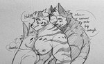 anthro between_pecs blush eyes_closed face_in_chest fur group hair head_between_pecs hug male male/male muscular muscular_anthro muscular_male nipples nude pecs simple_background size_difference stripes text trio lewd_bunnie asinus canid canine canis donkey equid equine felid mammal pantherine tiger wolf english_text hi_res monochrome traditional_media_(artwork)