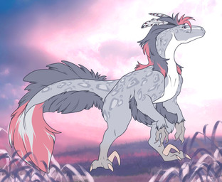 claws cloud feathered_wings feathers female feral fur grey_body grey_feathers grey_fur markings nude pink_body pink_feathers sickle_claw sky solo spots spotted_body tail toe_claws wings shyryp dinosaur dromaeosaurid feathered_dinosaur feathered_scalie prehistoric_species reptile saurischian scalie theropod utahraptor absurd_res digital_media_(artwork) hi_res