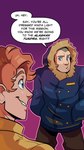 2019 auburn_hair blue_eyes clothing coat collegehumor comic dialogue duo english_text furry_force hair hi_res hoodie human human_only komoroshi_(artist) leon_(furry_force) male male/male mammal military_uniform not_furry parka shadow smile speech_bubble text topwear uniform wilson_(furry_force)