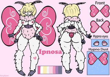 antennae_(anatomy) anthro blonde_hair blush blush_lines breasts butt color_coded covered_eyes dust female fluffy genitals hair hypnosis hypnotic_eyes mind_control neck_tuft simple_background solo spiral spiral_eyes tattoo text tuft vulva anykoe ipnosa_(dial_liyon) arthropod insect lepidopteran moth succubus english_text hi_res model_sheet signature