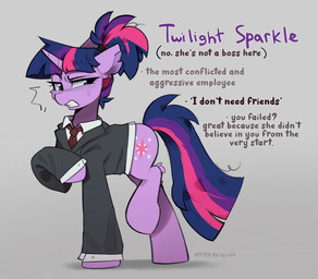 accessory bodily_fluids clothed clothed_female clothed_feral clothing collared_shirt cutie_mark dress_shirt female feral hair horn inner_ear_fluff leg_tuft multicolored_hair necktie ponytail purple_body shirt simple_background solo sweat sweatdrop text topwear tuft lerkfruitbat friendship_is_magic hasbro my_little_pony mythology twilight_sparkle_(mlp) equid equine mammal mythological_creature mythological_equine unicorn english_text hi_res