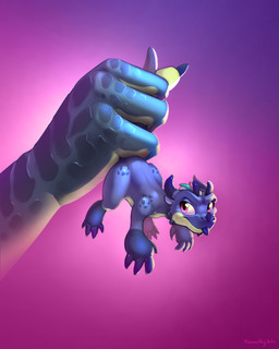 ambiguous_anthro ambiguous_gender anthro blep blue_body blue_horn blue_tongue duo glistening glistening_eyes gradient_background holding_another horn micro mouth_closed nude pink_eyes simple_background size_difference solo_focus tail tail_grab tongue tongue_out yellow_body timmothy_arts kobold scalie 4:5 hi_res signature
