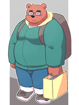 anthro backpack black_nose blush bottomwear brown_body clothing eyewear glasses kemono male overweight overweight_male pants solo sweater topwear kick_(artist) bear mammal 2022 3:4 hi_res