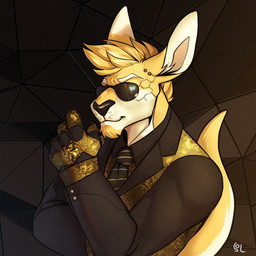 abstract_background anthro black_clothing black_nose black_topwear blonde_hair blue_eyes clothed clothing cybernetics eyewear facial_hair fur goatee gold_topwear hair jewelry looking_at_viewer machine male male_anthro mouth_closed narrowed_eyes necklace short_hair simple_background solo sunglasses topwear white_body white_fur yellow_body yellow_fur solaxe_(artist) deus_ex solaxe kangaroo macropod mammal marsupial 1:1 bust_portrait detailed hi_res icon portrait