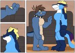 alcohol anthro beverage blue_body clothing comic dragon duo flirting genitals hi_res identity_theft latex male muscular muscular_male mythological_creature mythological_scalie mythology noku_nei_cipactli nokucroc penis possession raining scalie suit tail teryx teryx_commodore wine