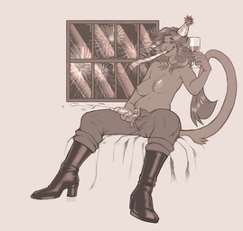 anthro bodily_fluids boots bottomwear breasts clothed clothing container cum cumshot cup drinking_glass ejaculation eyelashes eyes_closed footwear genital_fluids genitals glass glass_container glass_cup gynomorph gynomorph_anthro hair high_heeled_boots high_heels holding_container holding_cup holding_drinking_glass holding_object holding_wine_glass humanoid_genitalia humanoid_penis intersex intersex_anthro long_hair masturbation nipples open_bottomwear open_clothing pants penile penile_masturbation penis shoes sitting solo tail topless wine_glass seraphictiger felid lion mammal pantherine hi_res monochrome