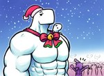 ambiguous_gender anthro blue_background bow_ribbon dinosaur dyno_(dynogreeno) dynogreeno group hi_res holidays largo_(dynogreeno) looking_at_viewer male muscular muscular_anthro muscular_male prehistoric_species reptile scalie simple_background snow white_body