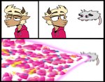 3_panel_comic anthro blonde_hair brown_body brown_fur chin_tuft clothing curved_horn duo eye_beam eyewear facial_tuft feral fur glasses grey_body grey_fur hair half-closed_eyes heart_eyes heart_symbol hoodie horn humor love male male/male narrowed_eyes pink_body pink_skin romantic romantic_couple simple_background topwear tuft white_background wide_eyed happyroadkill happy_(happyroadkill) moche_(mocheccino) american_opossum bovid caprine mammal marsupial boyfriends hi_res