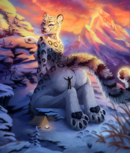 anthro black_sclera campfire clothed clothed_human clothed_male clothing digitigrade dipstick_tail duo ear_piercing ear_ring feet female fluffy fluffy_tail foot_focus fur gold_(metal) gold_jewelry grey_body grey_fur inner_ear_fluff jewelry kneeling leopard_spots looking_at_viewer macro male male/female markings mountain mountain_background nipples nude nude_female outside paw_imprint pawpads paws piercing pink_nose plant pupils purple_eyes ring_piercing simple_background size_difference smaller_male snow snowing soles spots spotted_body spotted_fur tail tail_markings tent toes topless topless_female tree tuft krilamor filp-verse farishta kazeem felid human mammal pantherine snow_leopard 2026 digital_media_(artwork) hi_res