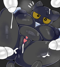 anthro areola big_breasts biped black_body black_ears black_tail blush blush_lines bodily_fluids bottomless bottomless_female breasts clothed clothing cum cum_drip cum_in_vagina cum_inside cum_on_body disembodied_penis dripping emanata eyebrows female front_view genital_fluids genitals grey_background group heart_symbol male male/female monotone_body musk navel nipples penis simple_background sweat tail thick_thighs topwear vulva white_clothing yellow_sclera ebi10000000000 google google_doodle magic_cat_academy momo_(google) domestic_cat felid feline felis mammal 2025 absurd_res censored digital_drawing_(artwork) digital_media_(artwork) hi_res