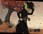 anthro clothing fedora hat headgear headwear horn katana male melee_weapon solo sword weapon marsminer hasbro my_little_pony mythology pone_keith equid equine mammal mythological_creature mythological_equine unicorn hi_res