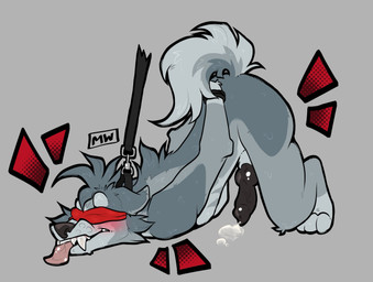 animal_genitalia animal_penis anthro ass_up bdsm black_penis blindfold blush bodily_fluids bound brown_nose canine_genitalia canine_penis collar digitigrade erection eyebrows fur genital_fluids genitals glistening glistening_genitalia glistening_penis grey_background grey_body grey_fur hands_behind_back hands_tied knot knotted_penis leaking_precum leash long_tongue male nude paws penis precum precum_on_ground raised_tail red_blindfold sharp_teeth silly_face simple_background solo submissive submissive_male tail teeth tongue tongue_out tuft vein veiny_penis madmawz arkey_(character) canid canine canis mammal wolf digital_media_(artwork) hi_res