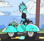 anthro clothing eyewear female goggles green_body jacket looking_at_viewer looking_back motorcycle mouthless orange_eyes road solo topwear vehicle fourssss sega sonic_the_hedgehog_(series) fan_character skitter_the_gecko gecko lizard reptile scalie hi_res